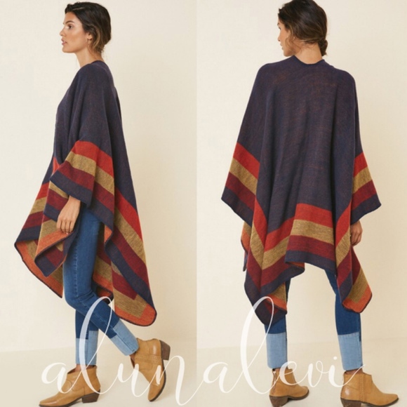 037 Cozy Color Block Shawl Wrap Poncho - Picture 2 of 2